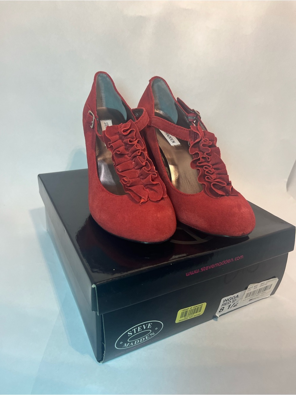Steve Madden Red Suede Ruffle T-Strap Heels